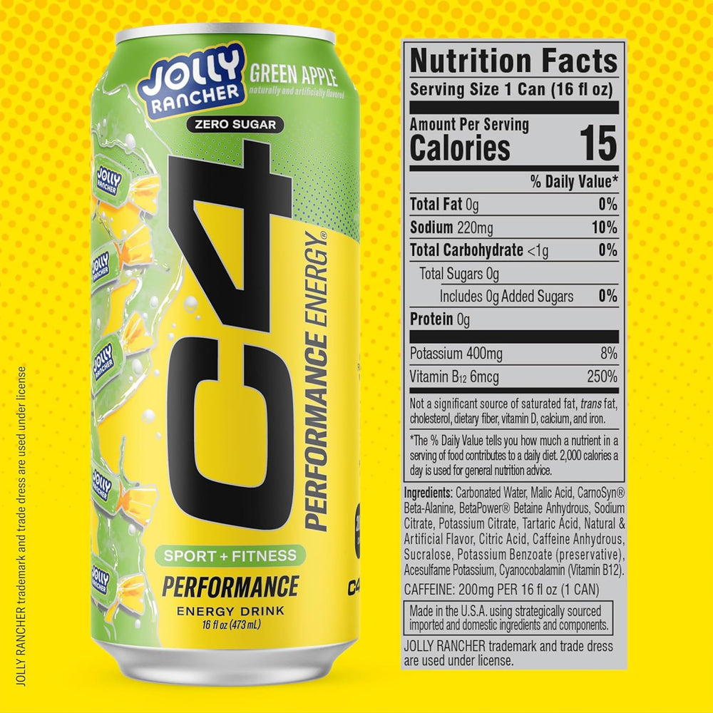Close-up of C4 Green Apple label highlighting zero sugar.