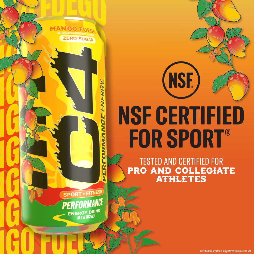 Close-up of C4 Mango Fuego branding with sports vibe.