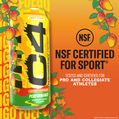 Close-up of C4 Mango Fuego branding with sports vibe.