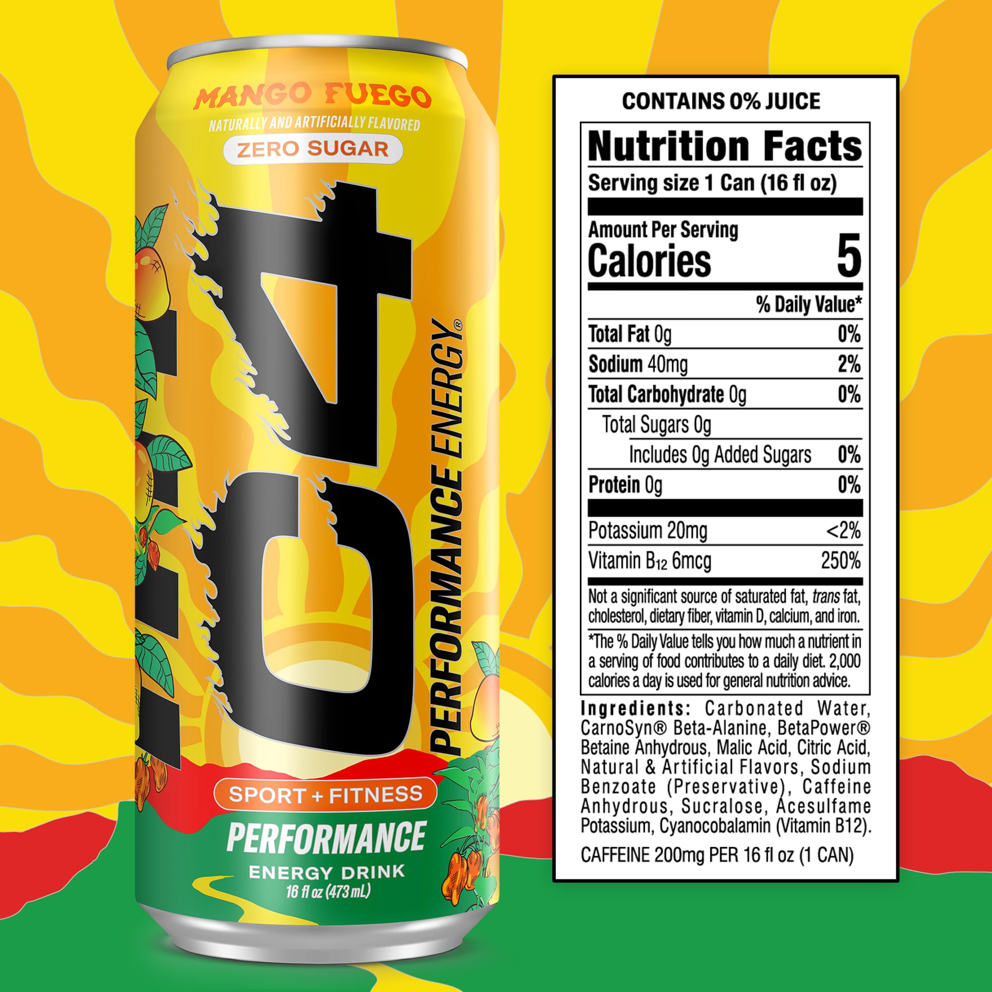 Pour shot of C4 Mango Fuego showing refreshing mango aroma.
