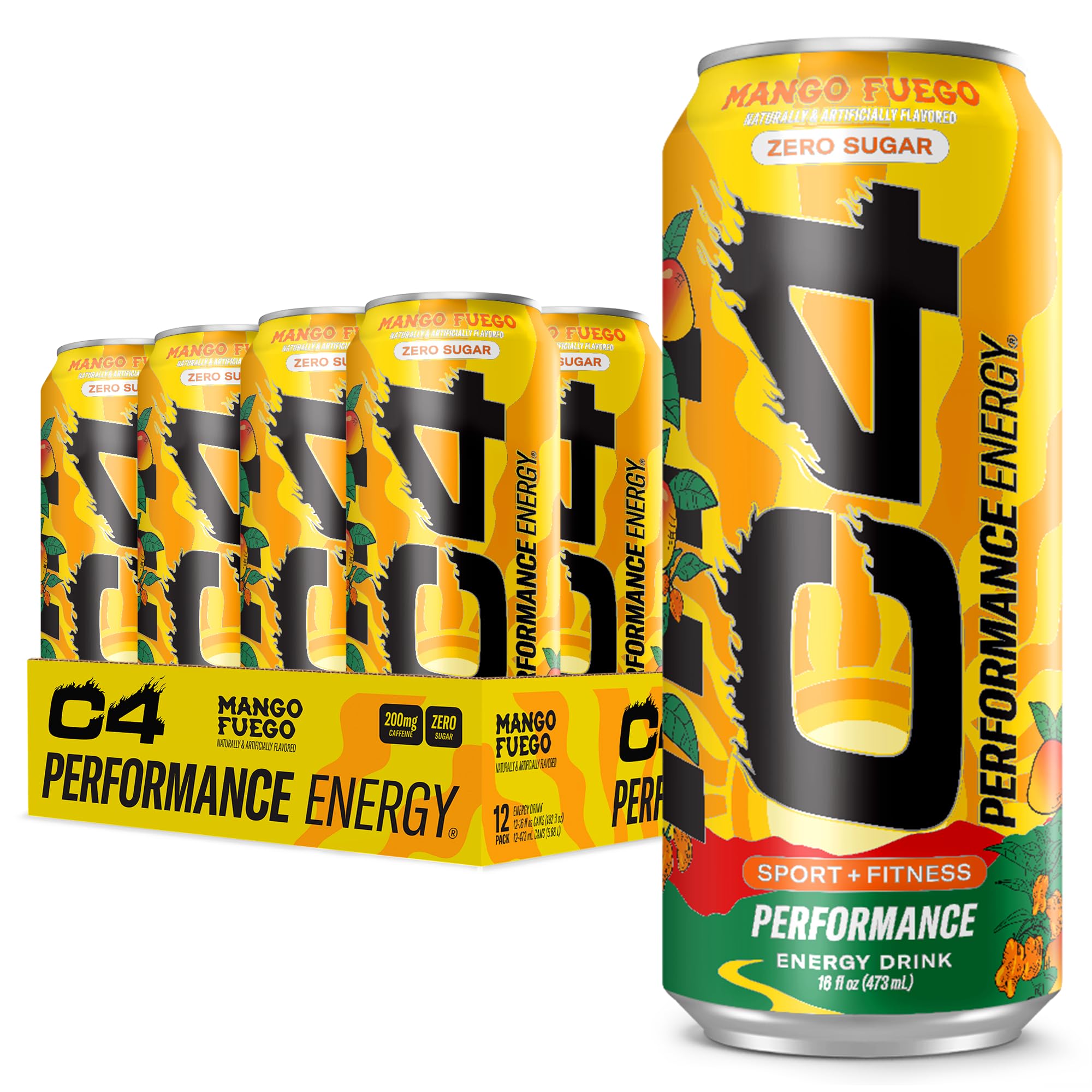 C4 Mango Fuego front of can with bold branding for quick energy.
