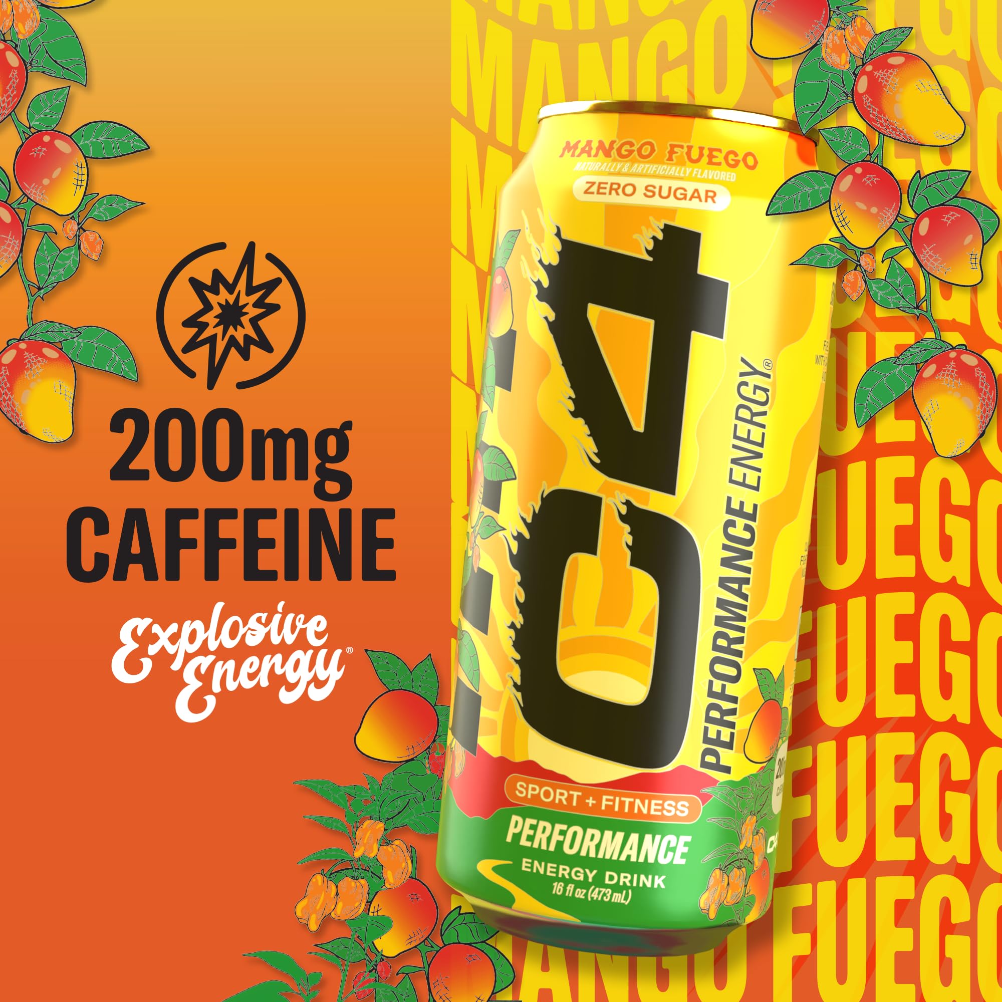 Ingredients panel of C4 Mango Fuego highlighting caffeine and beta-alanine.