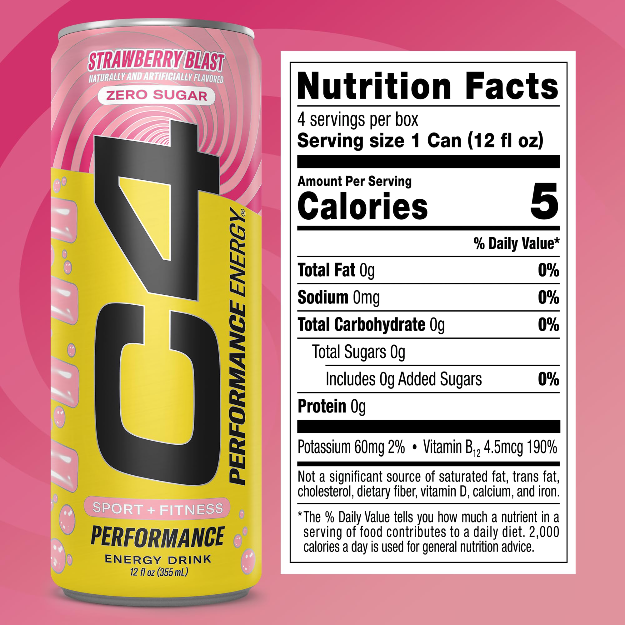 C4 Performance Energy Strawberry Blast can side angle showing carbonated refreshment and energy