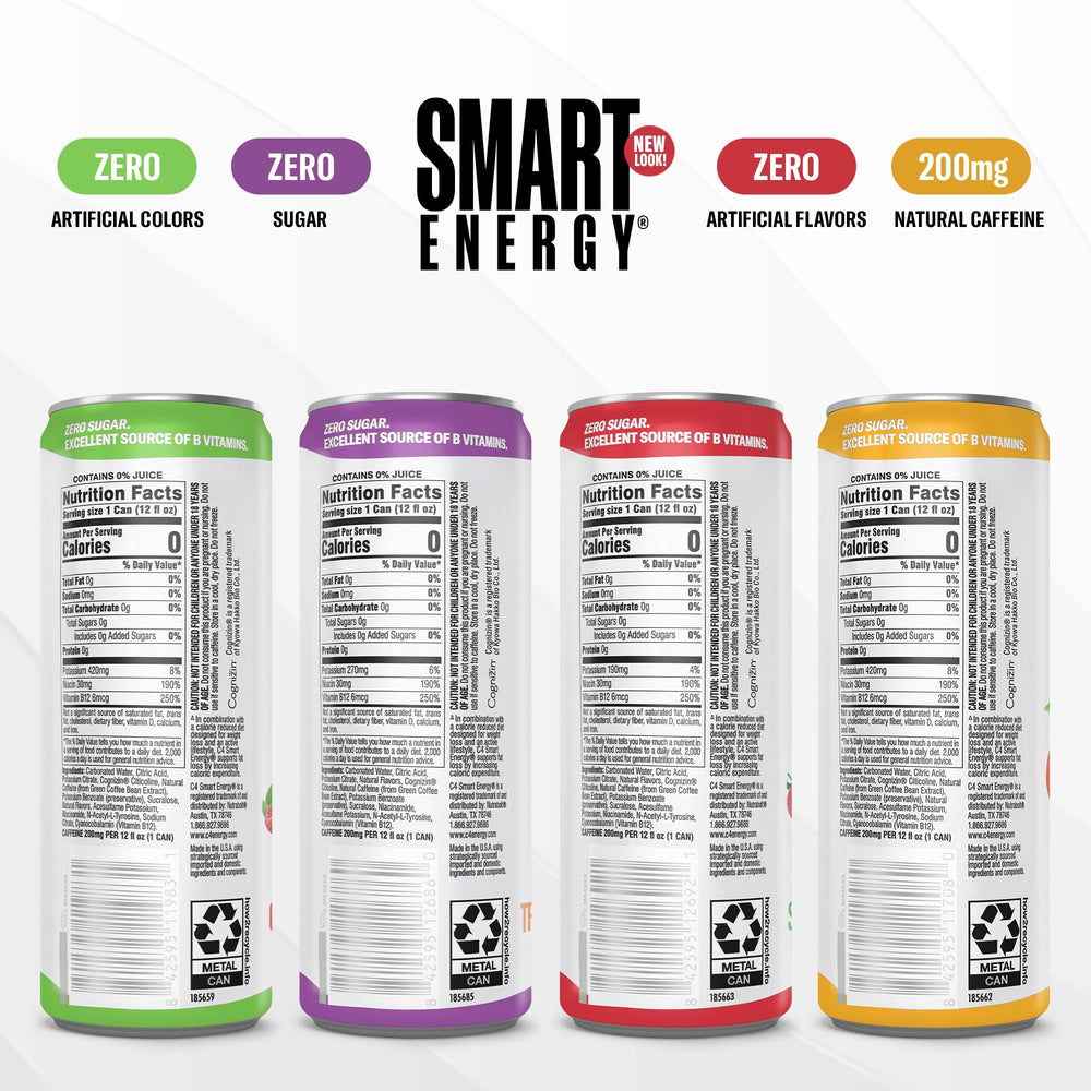 C4 Smart Energy 12-pack flavors display showing variety and sugar-free option