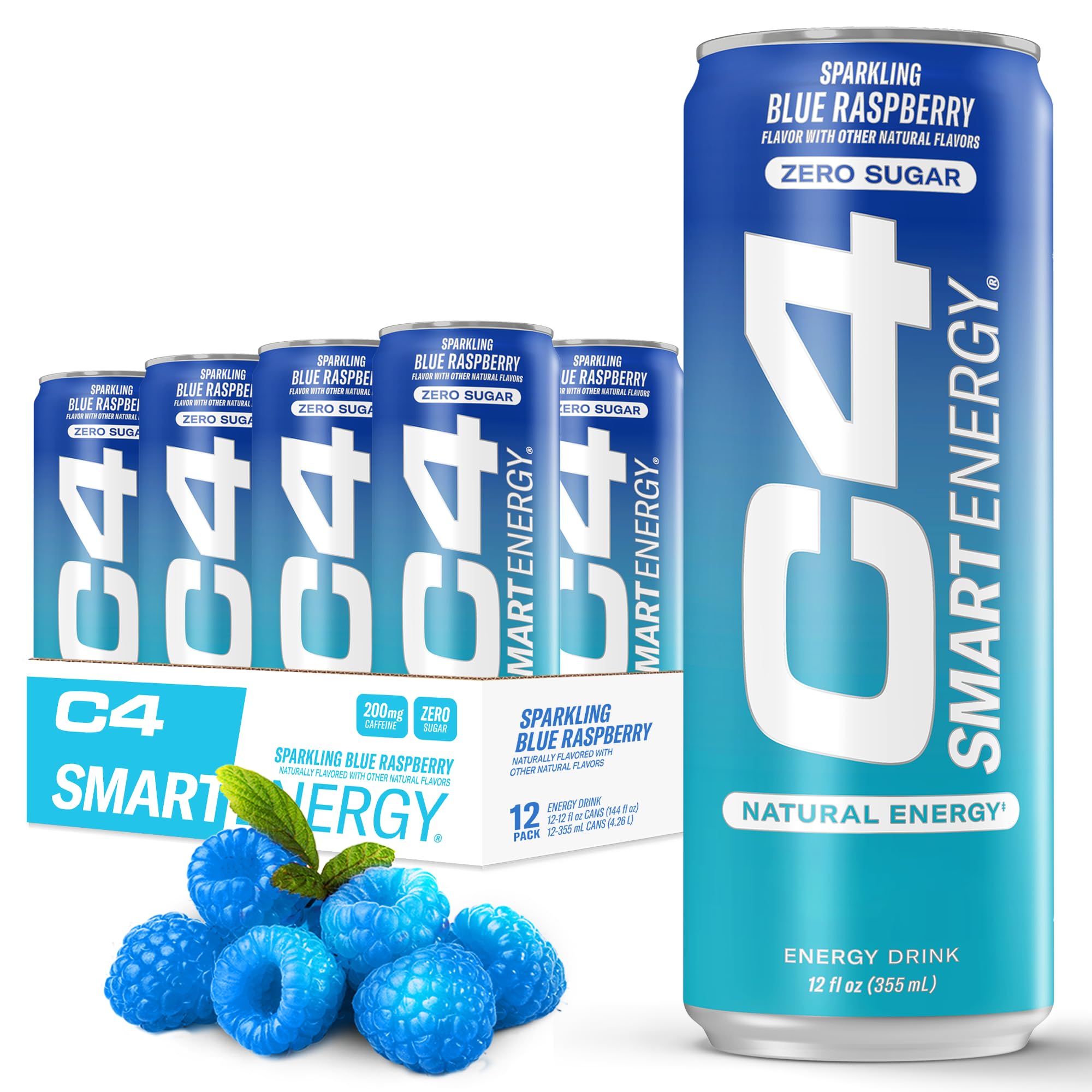 C4 Smart Energy Blue Raspberry can highlighting zero sugar and focus boost