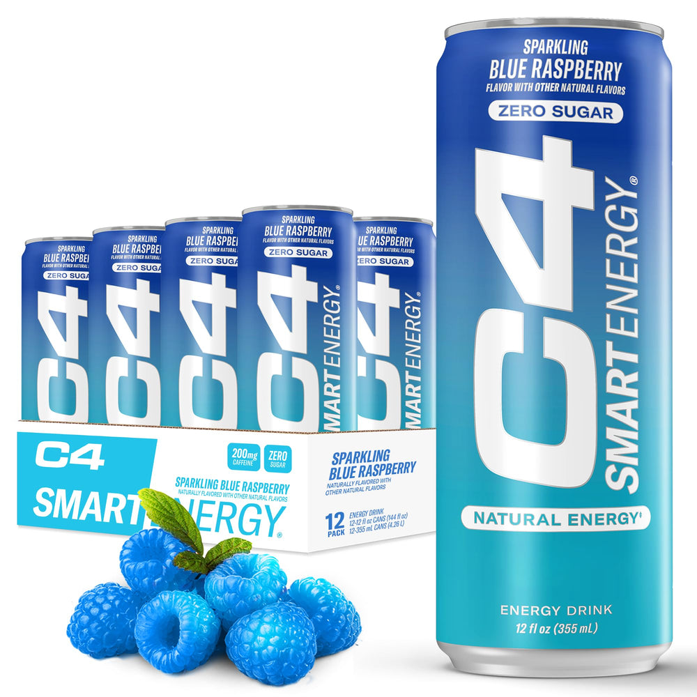 C4 Smart Energy Blue Raspberry can highlighting zero sugar and focus boost