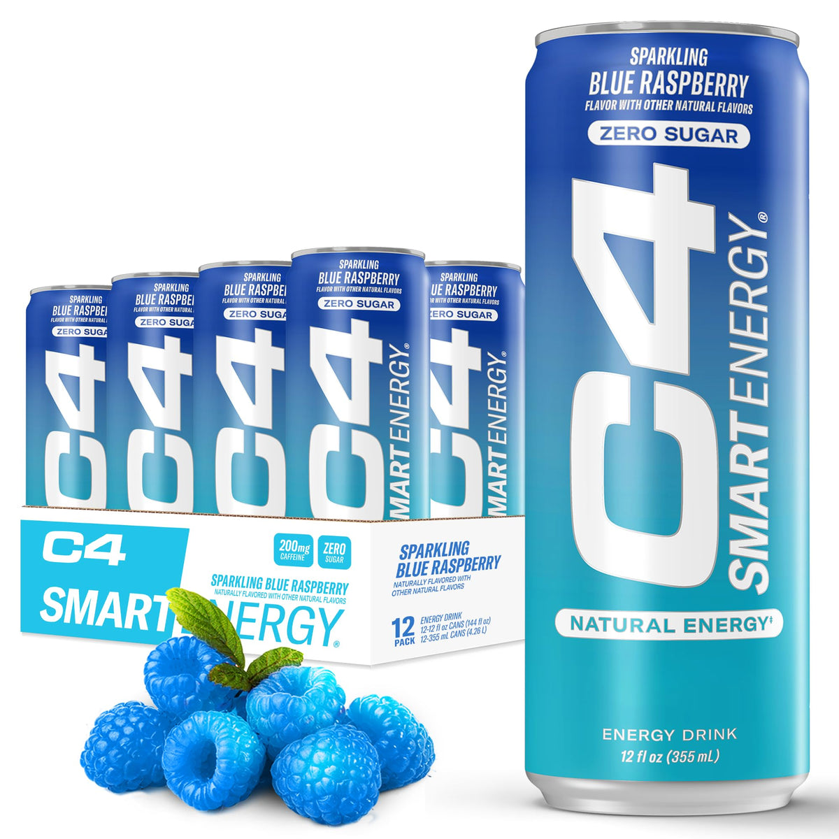 C4 Smart Energy Blue Raspberry can highlighting zero sugar and focus boost