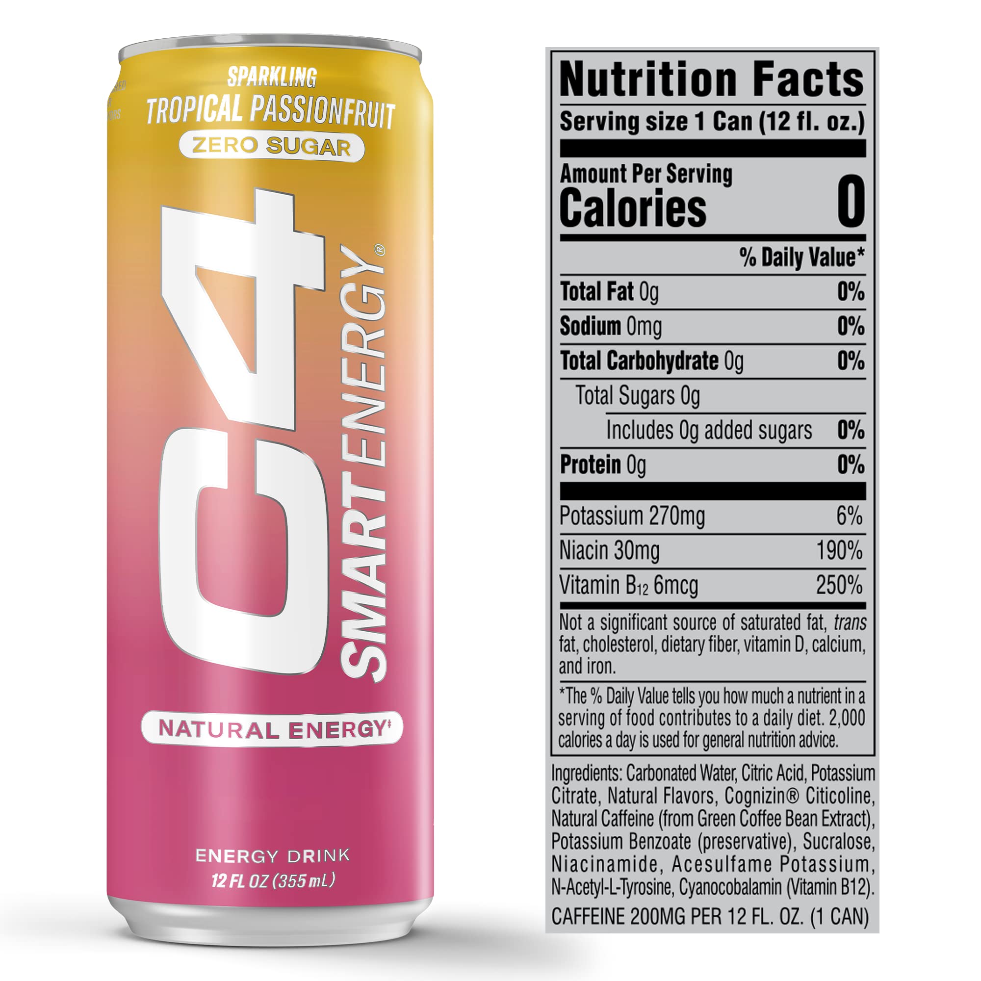 C4 Smart Energy label closeup showing zero sugar and green tea caffeine source
