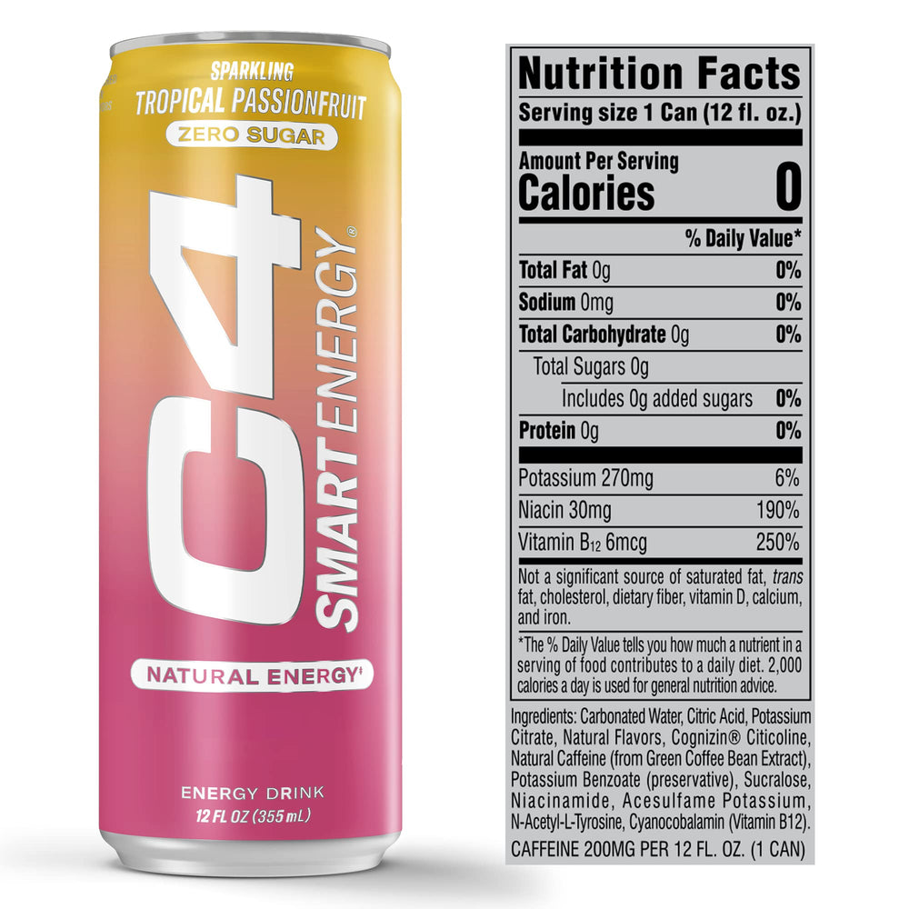 C4 Smart Energy label closeup showing zero sugar and green tea caffeine source