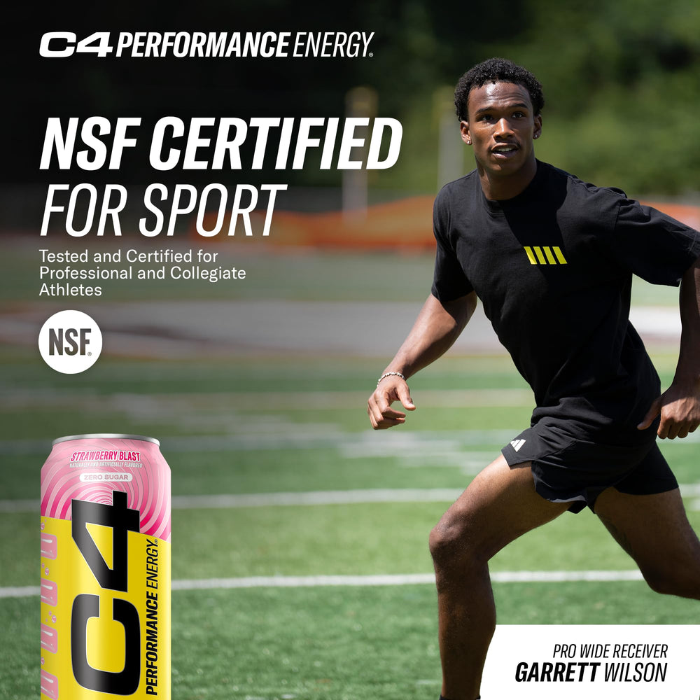 NSF-certified for sport badge on C4 Strawberry Blast packaging
