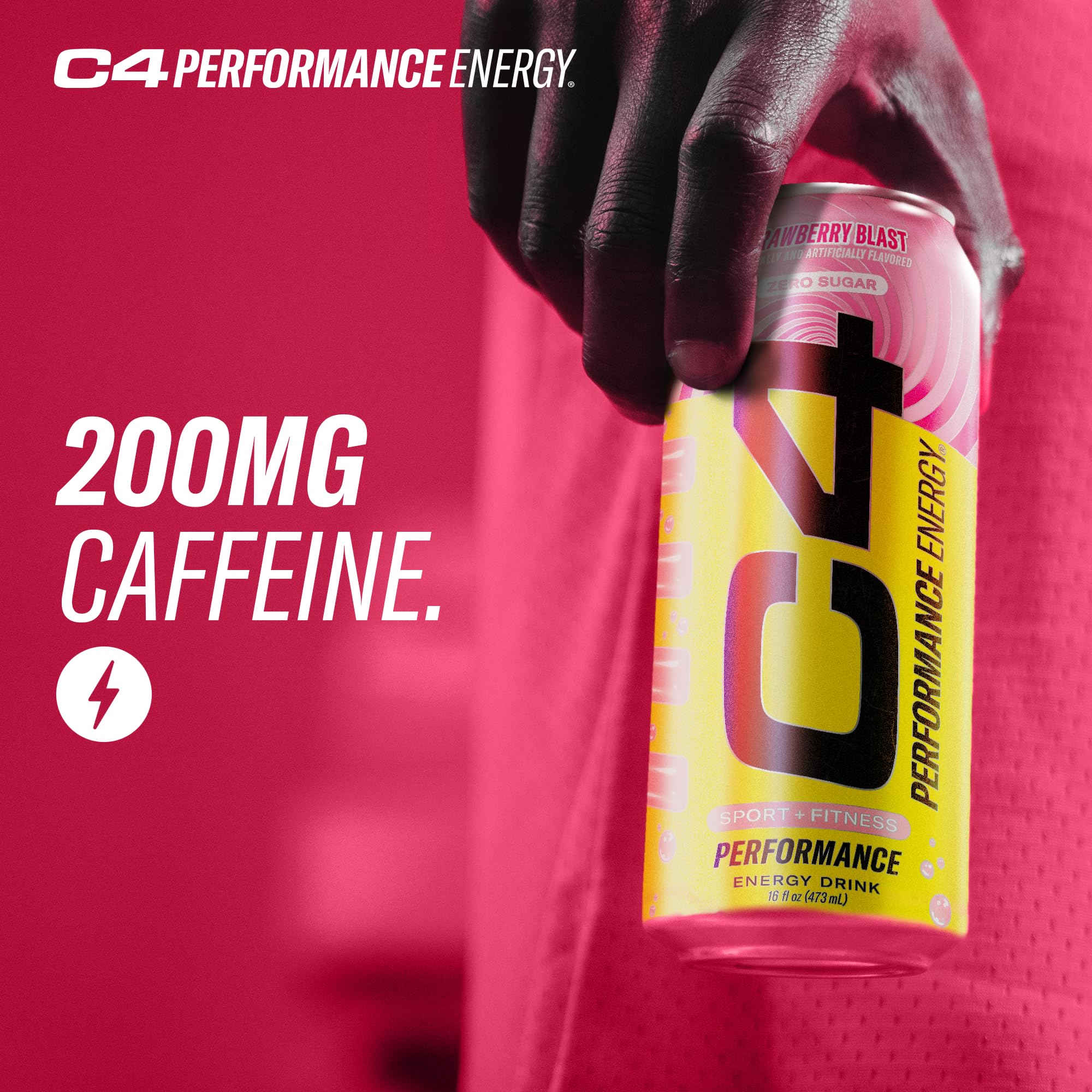 Zero sugar icon on C4 Strawberry Blast can signaling sugar-free energy