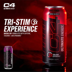 Close-up of 300mg caffeine badge on C4 Ultimate Energy can for sustained focus