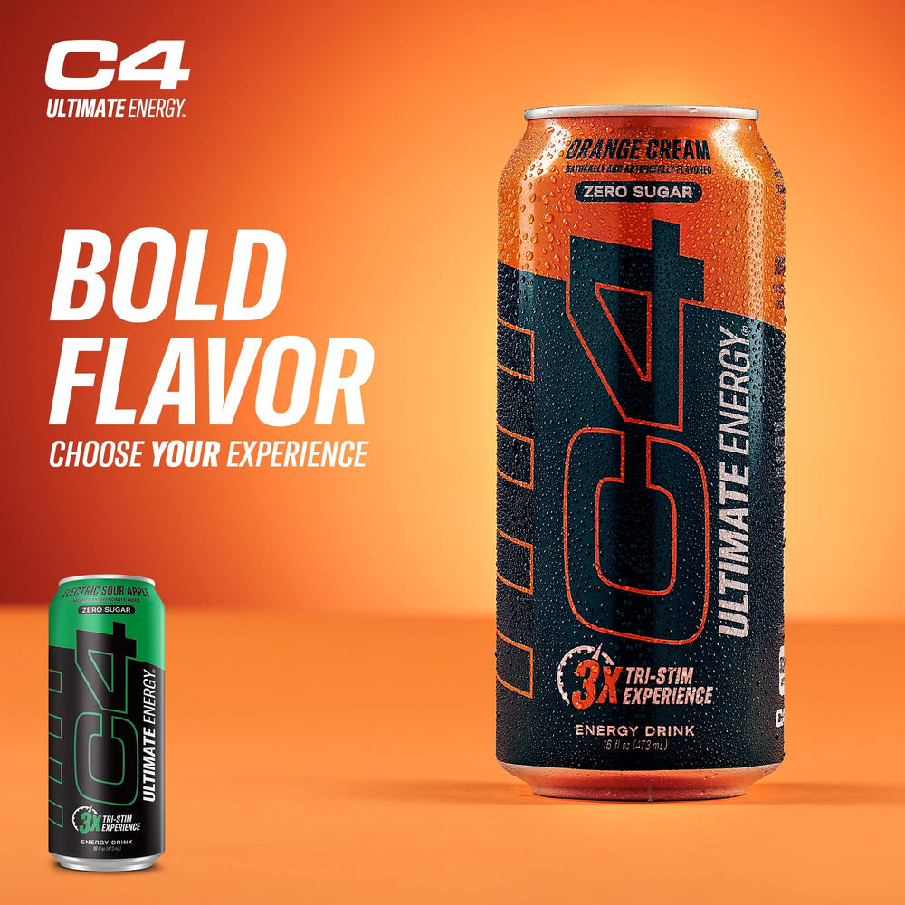 C4 Ultimate Energy can and glass setup ideal for pre-workout rituals