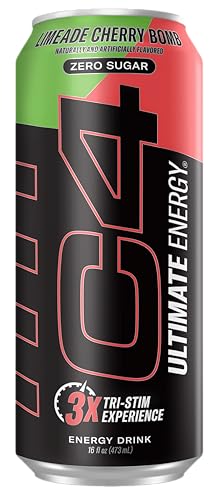 Close up of C4 Ultimate Energy can angled to highlight fast caffeine kick