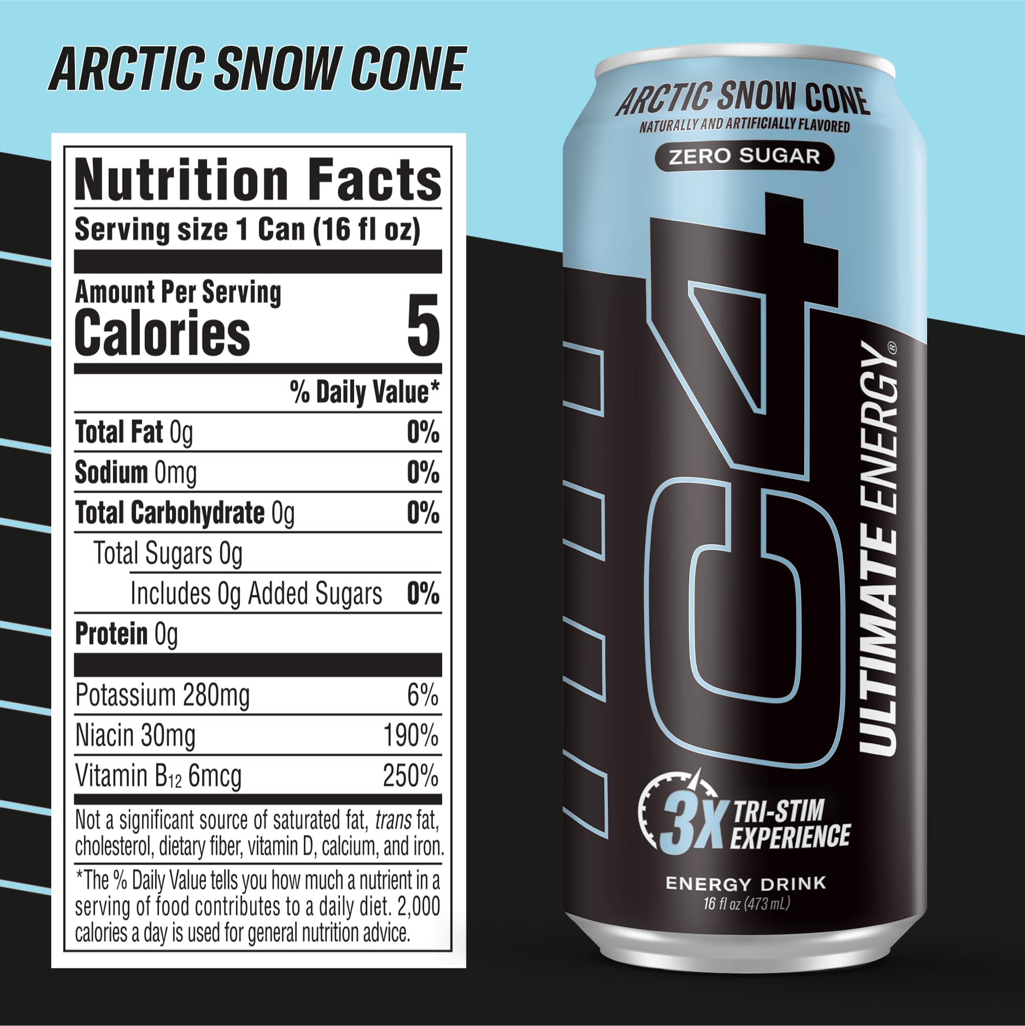 C4 Ultimate Energy can side view emphasizes 300mg caffeine for an intense energy.