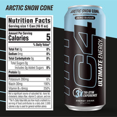 C4 Ultimate Energy can side view emphasizes 300mg caffeine for an intense energy.
