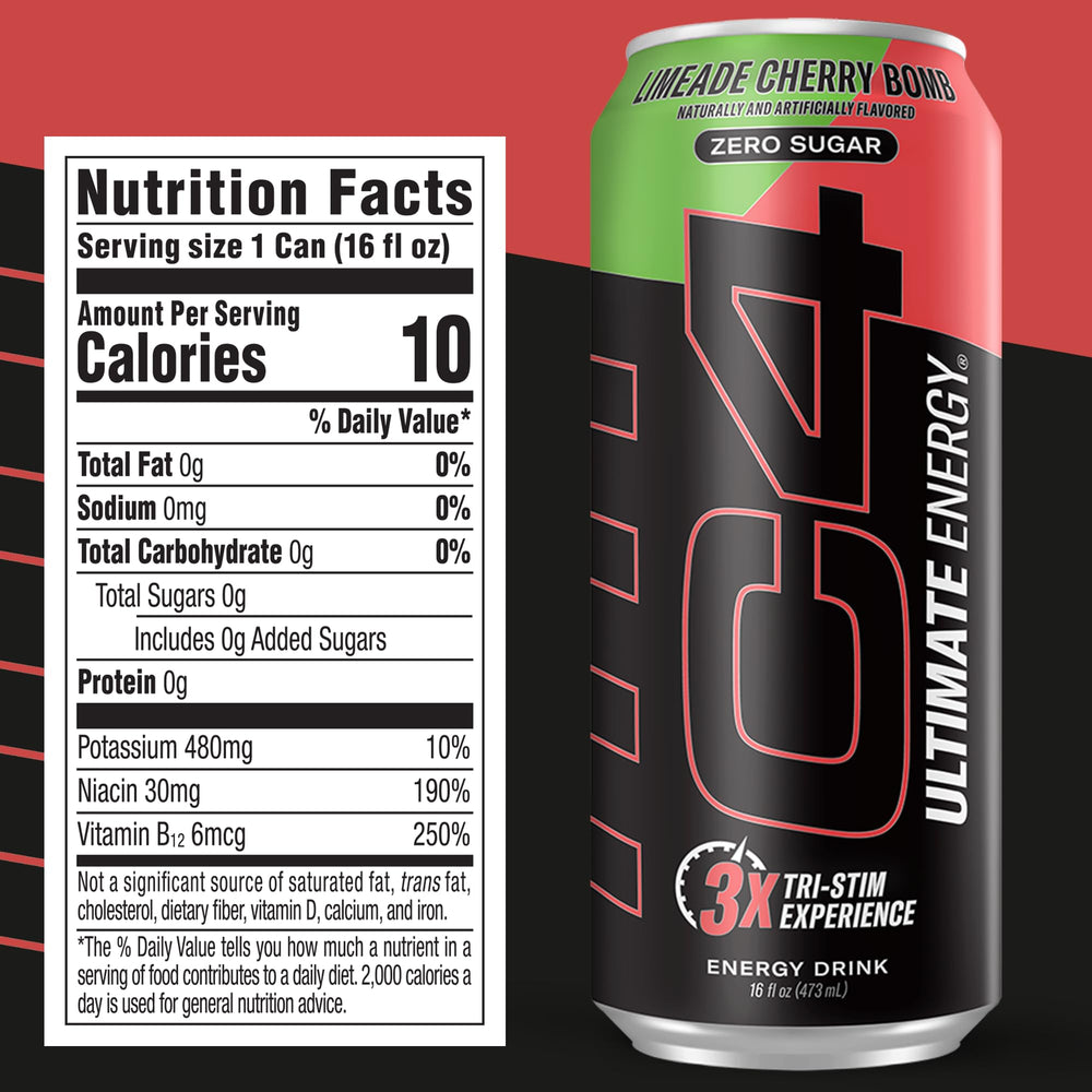 Limeade Cherry Bomb flavor shot visible in can for tasty energy