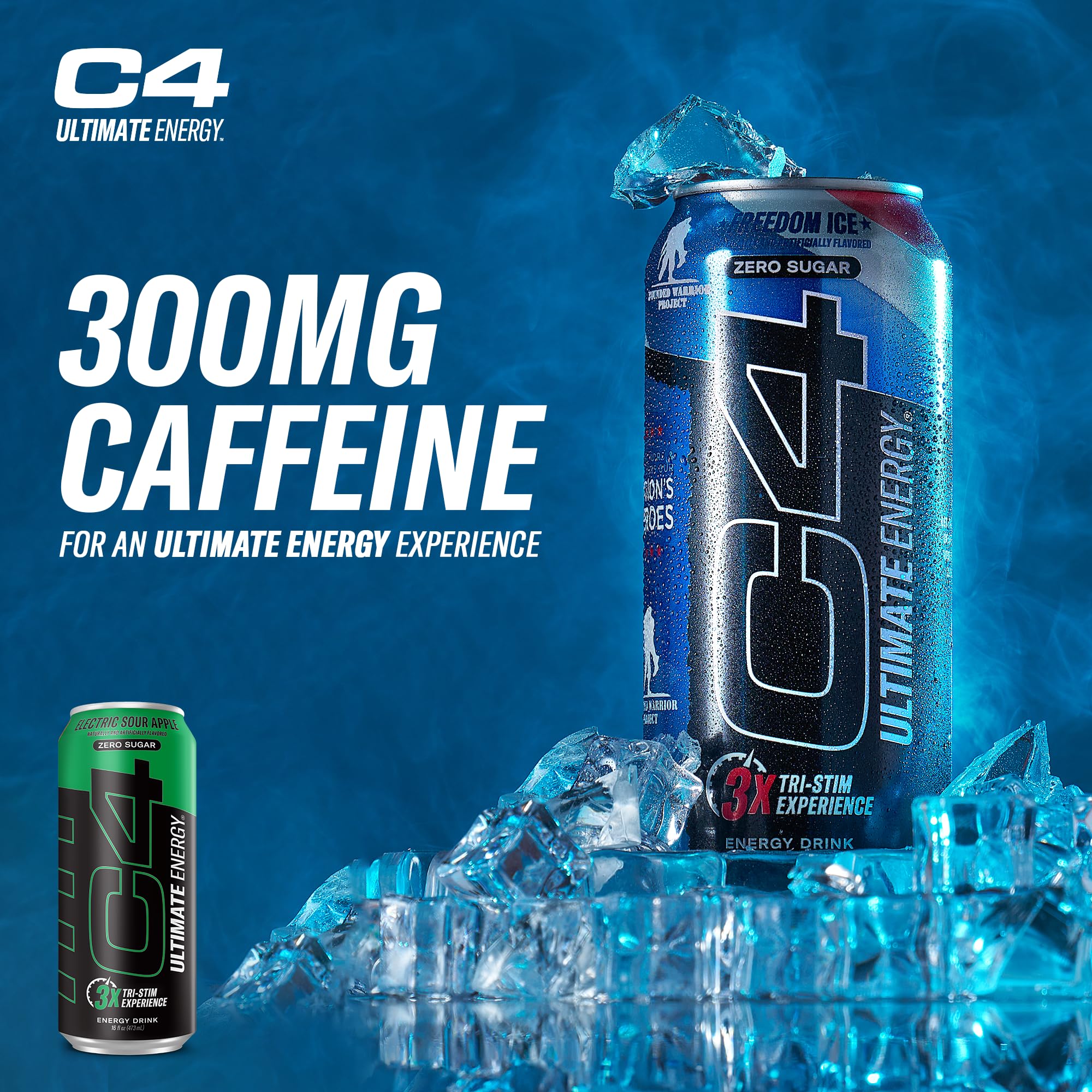 C4 Ultimate Energy pack display shows 12 cans for on-the-go routines