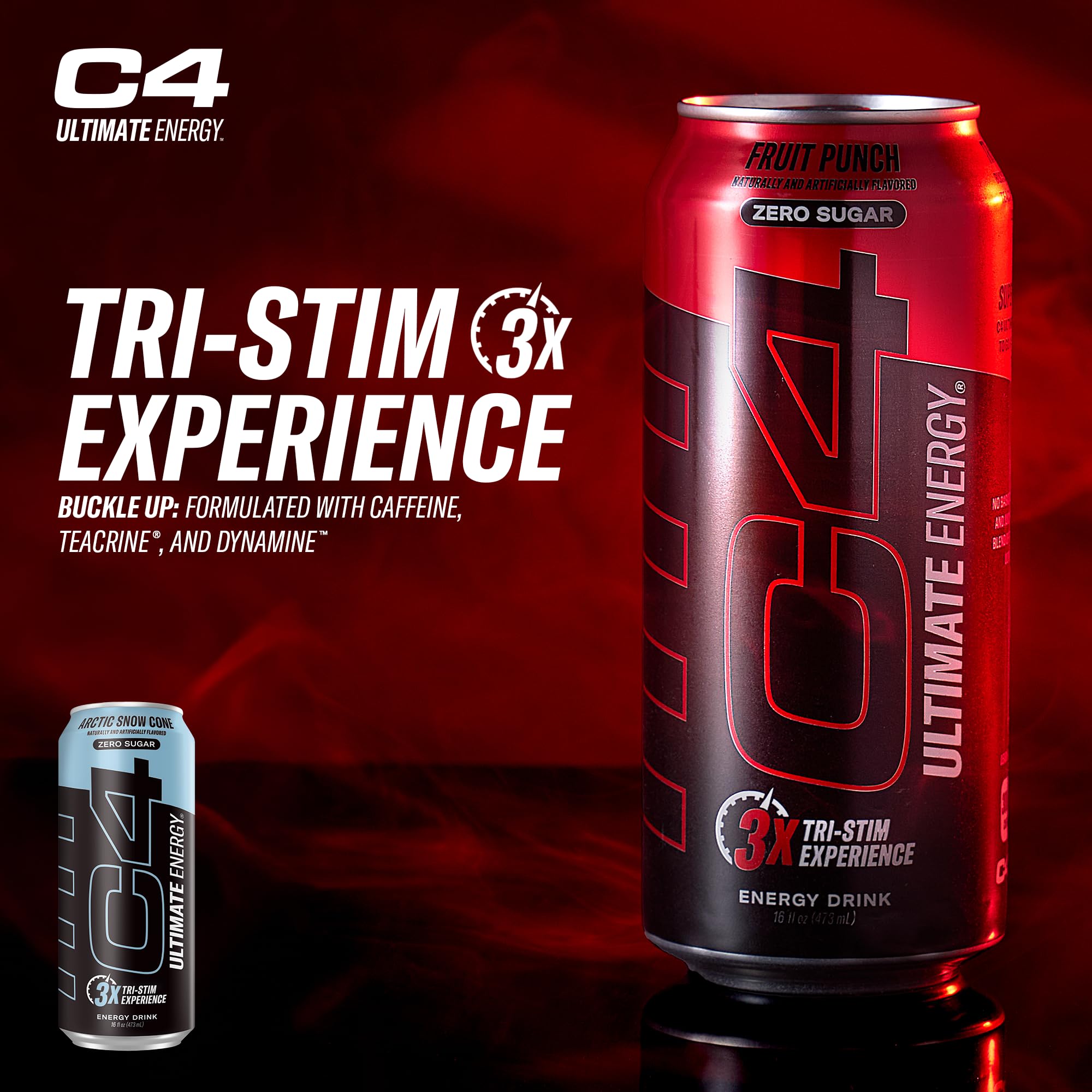 Tri-stim energy blend with caffeine, TeaCrine, and Dynamine.