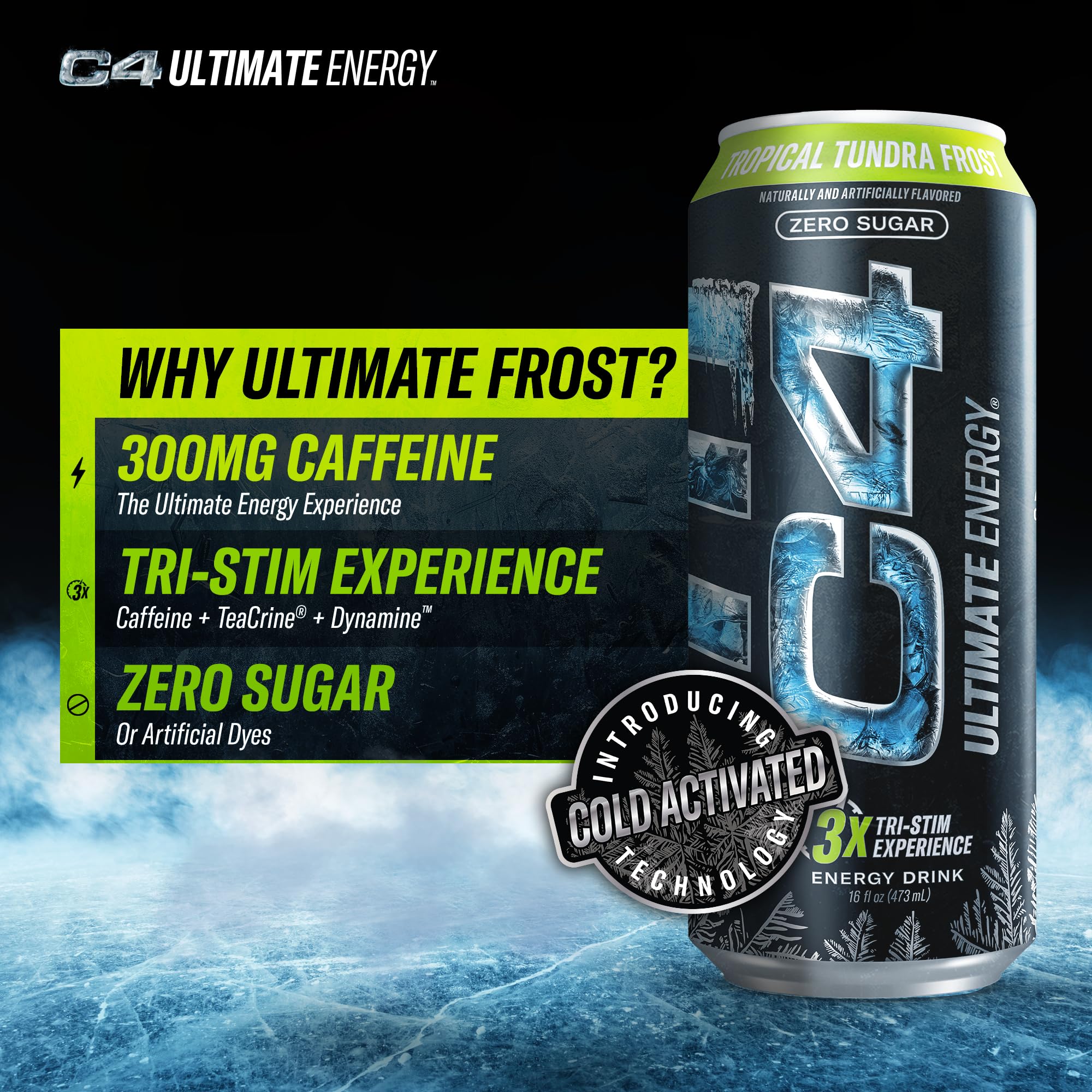C4 Ultimate Frost iced can close-up highlighting frost finish and sugar-free feel
