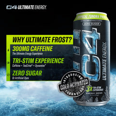 C4 Ultimate Frost iced can close-up highlighting frost finish and sugar-free feel