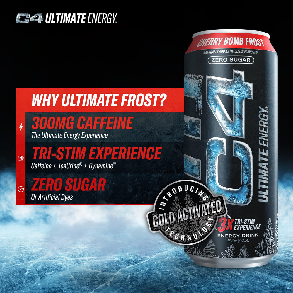 Close-up of the C4 Ultimate Frost label highlighting sugar-free formula.
