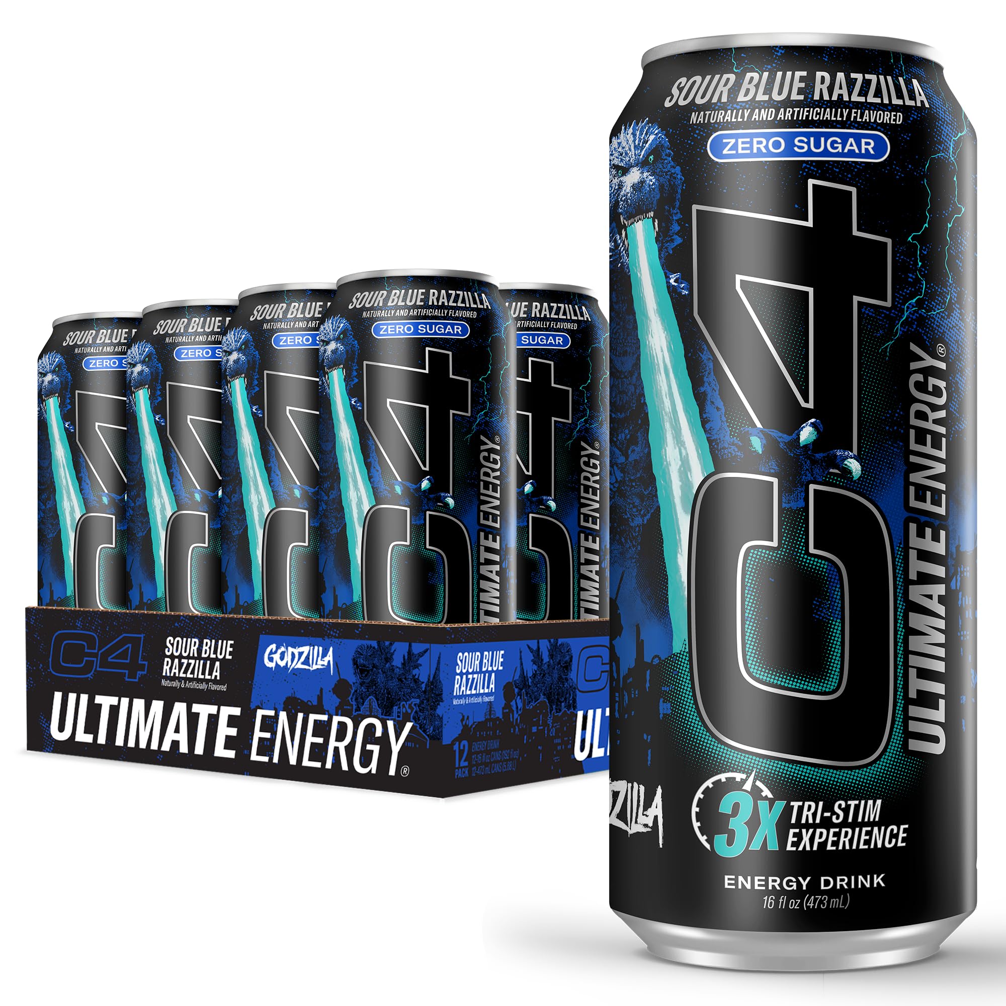 C4 Ultimate Sour Blue Razzilla bottle energizing workouts with bold flavor.