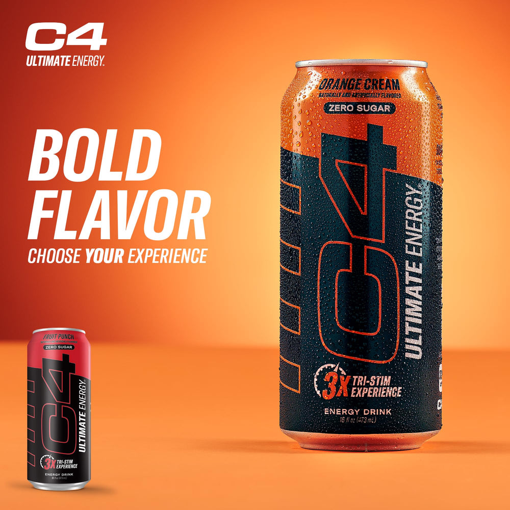 C4 Ultimate Sugar Free Energy Drink fruit punch being poured into a glass to reveal flavor.