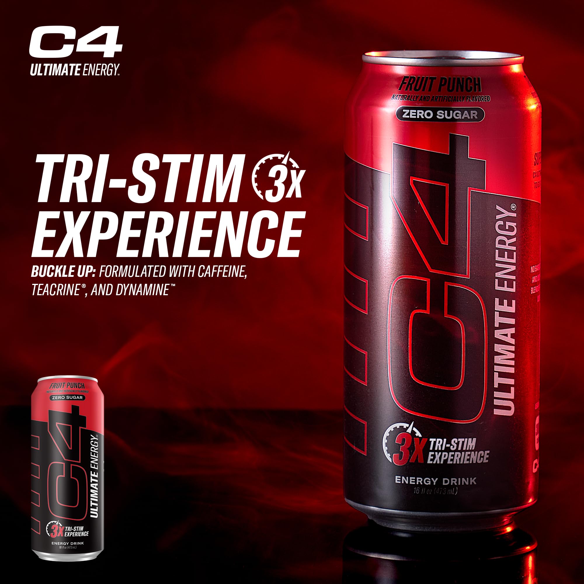C4 Ultimate Sugar Free Energy Drink label closeup showing caffeine and no artificial colors for clean energy.