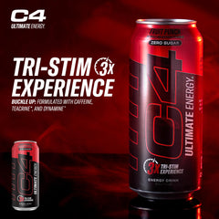 C4 Ultimate Sugar Free Energy Drink label closeup showing caffeine and no artificial colors for clean energy.