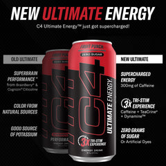 C4 Ultimate Sugar Free Energy Drink side view highlighting packaging and bold fruit punch flavor.