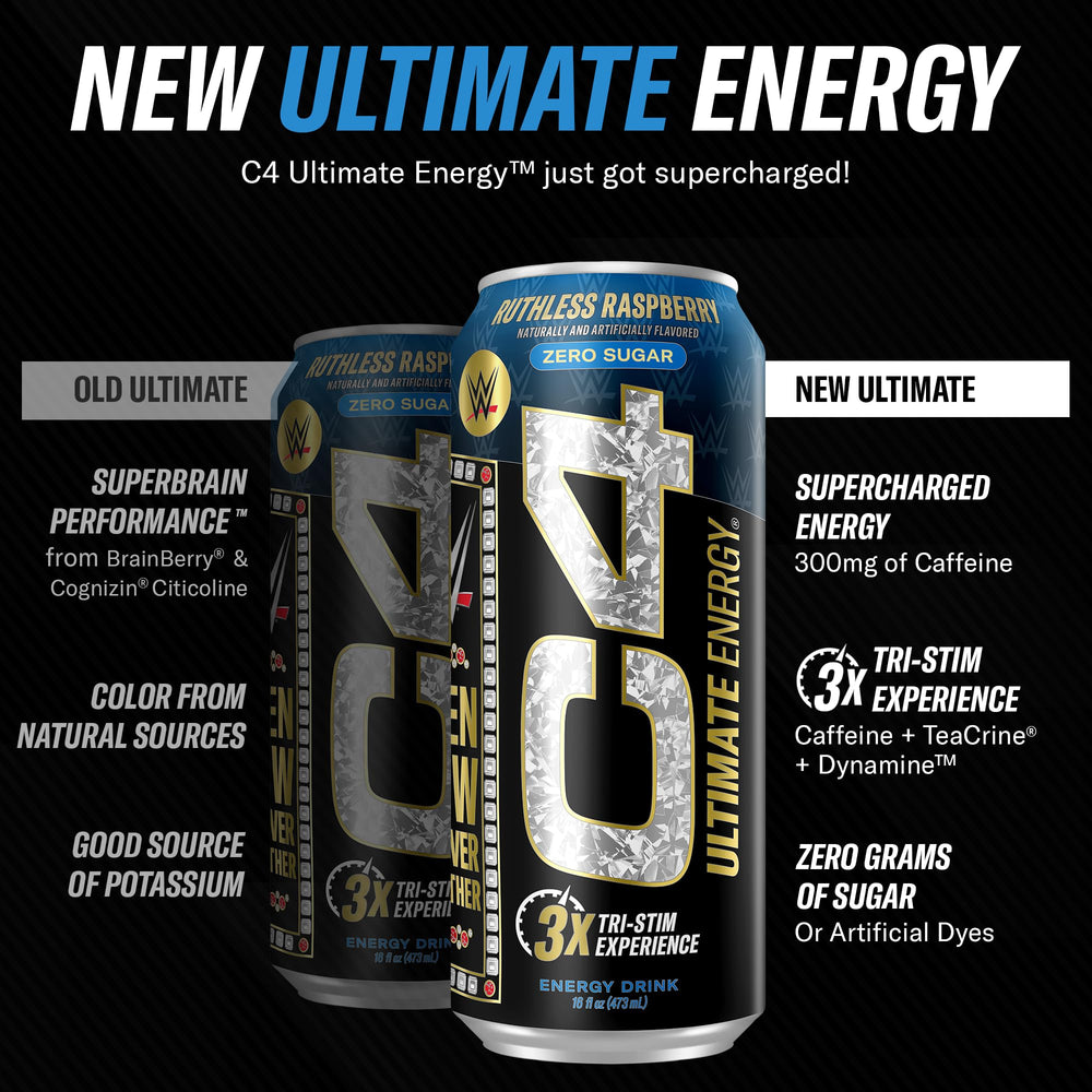 Close-up of C4 Ultimate WWE can emphasizes 300 mg caffeine for sustained energy.