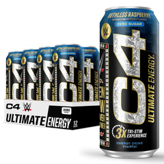 C4 Ultimate WWE Ruthless Raspberry pack shot showing zero sugar and bold flavor.