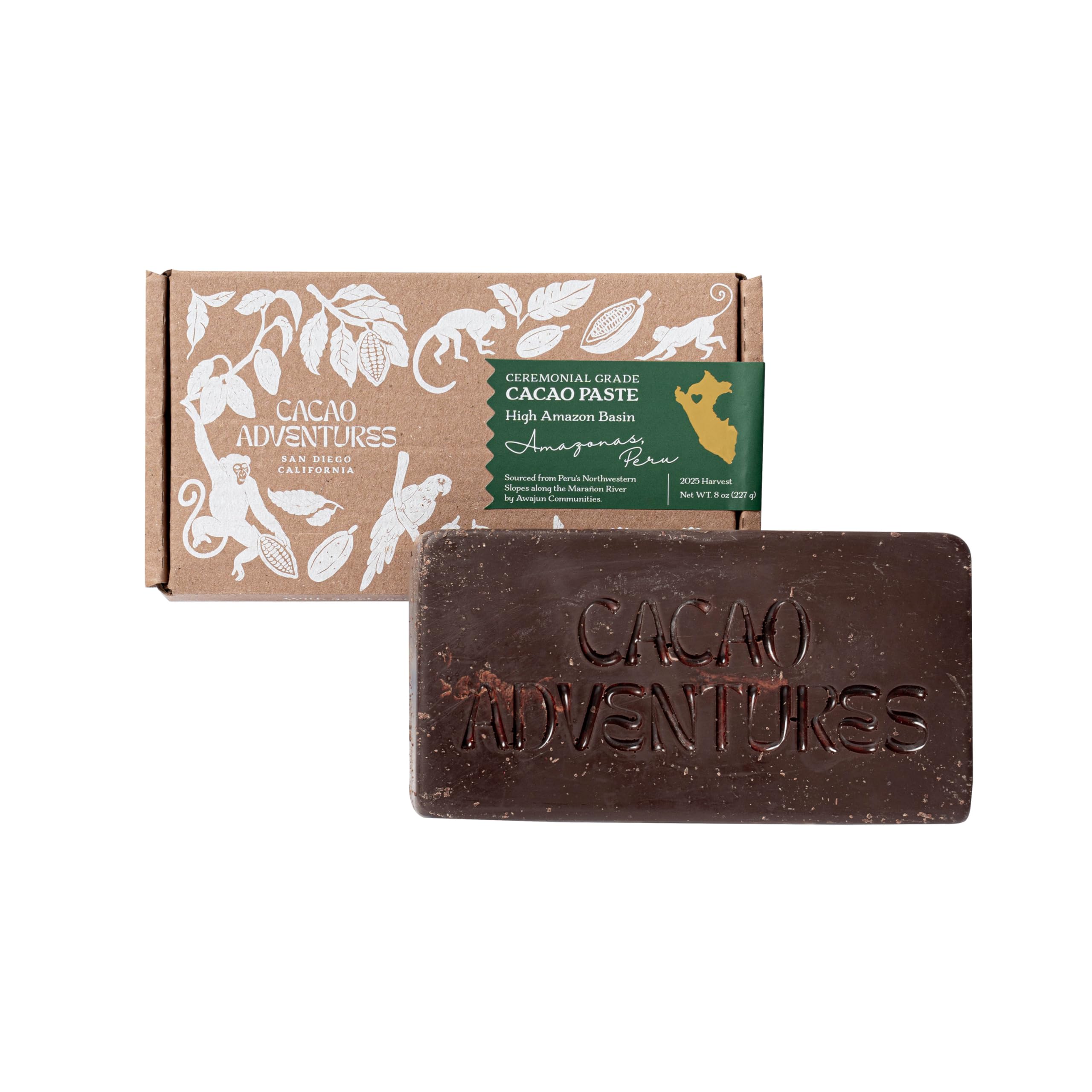 Cacao Adventures ceremonial cacao block unwrap for authentic ritual use and grounding.