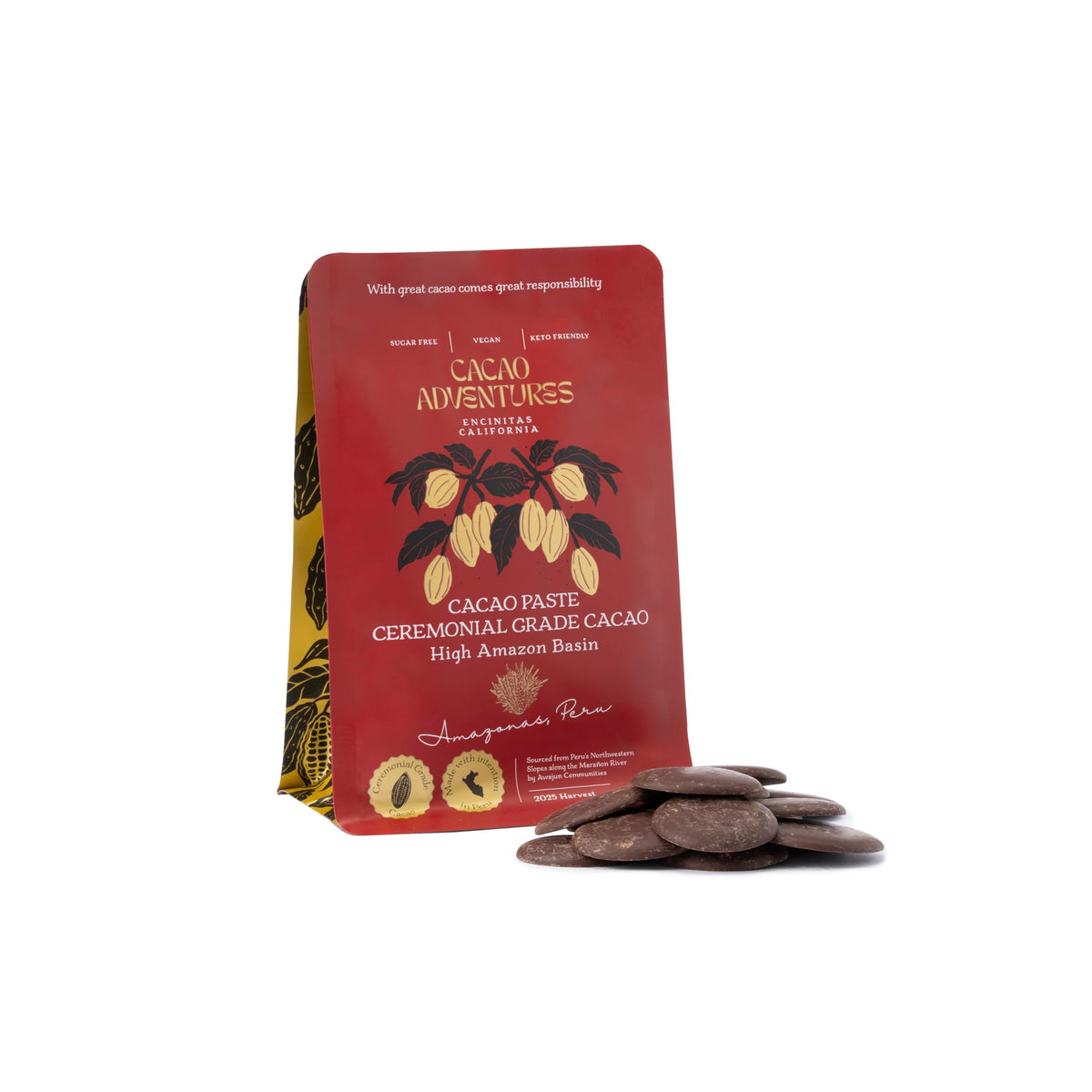 Cacao Adventures ceremonial cacao packaging ready for energy-boosting rituals.