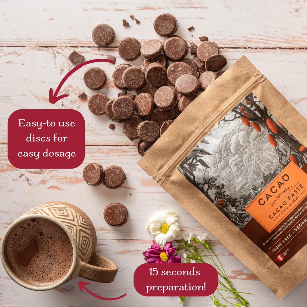 Cacao Adventures direct-trade label signals transparent sourcing and fair compensation