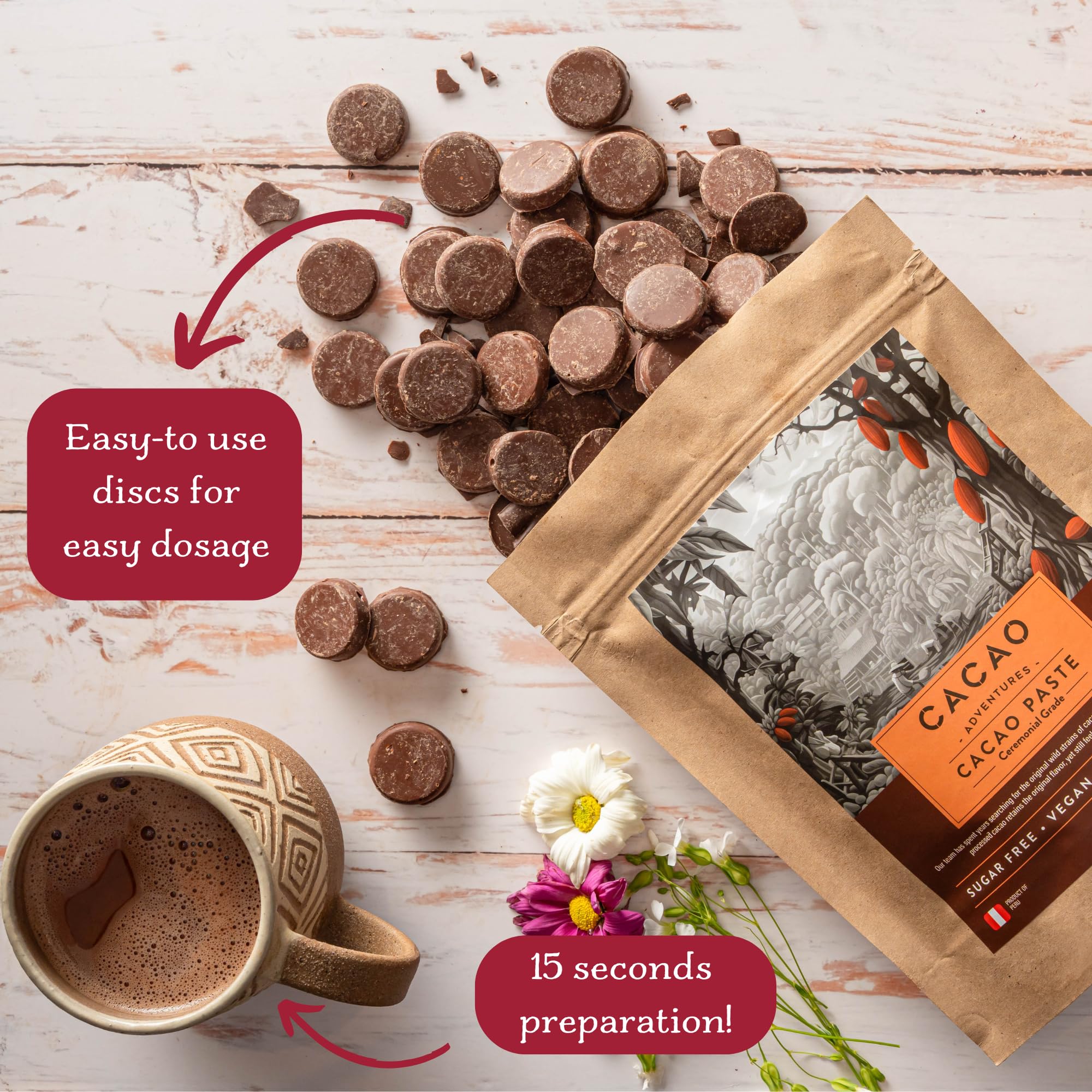 Cacao Adventures measured powder in a bowl ready to mix for drinks.