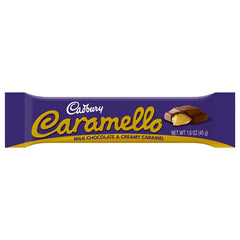 Cadbury Caramello bars closeup, creamy caramel core in milk chocolate.