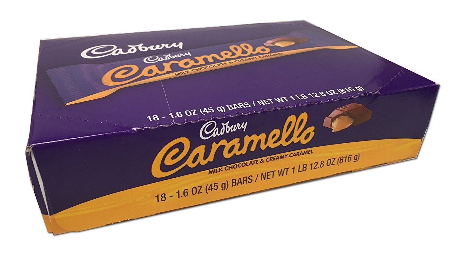 Cadbury Caramello bars pack 18-count, convenient snack for sharing.