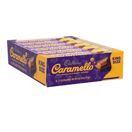 Cadbury Caramello cross-section reveals creamy caramel center inside milk chocolate.