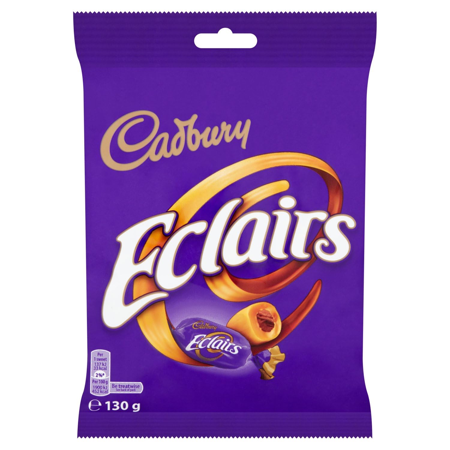 Cadbury Chocolate Eclairs 130g bag open, inviting chewy toffee center and shareable aroma for breaks