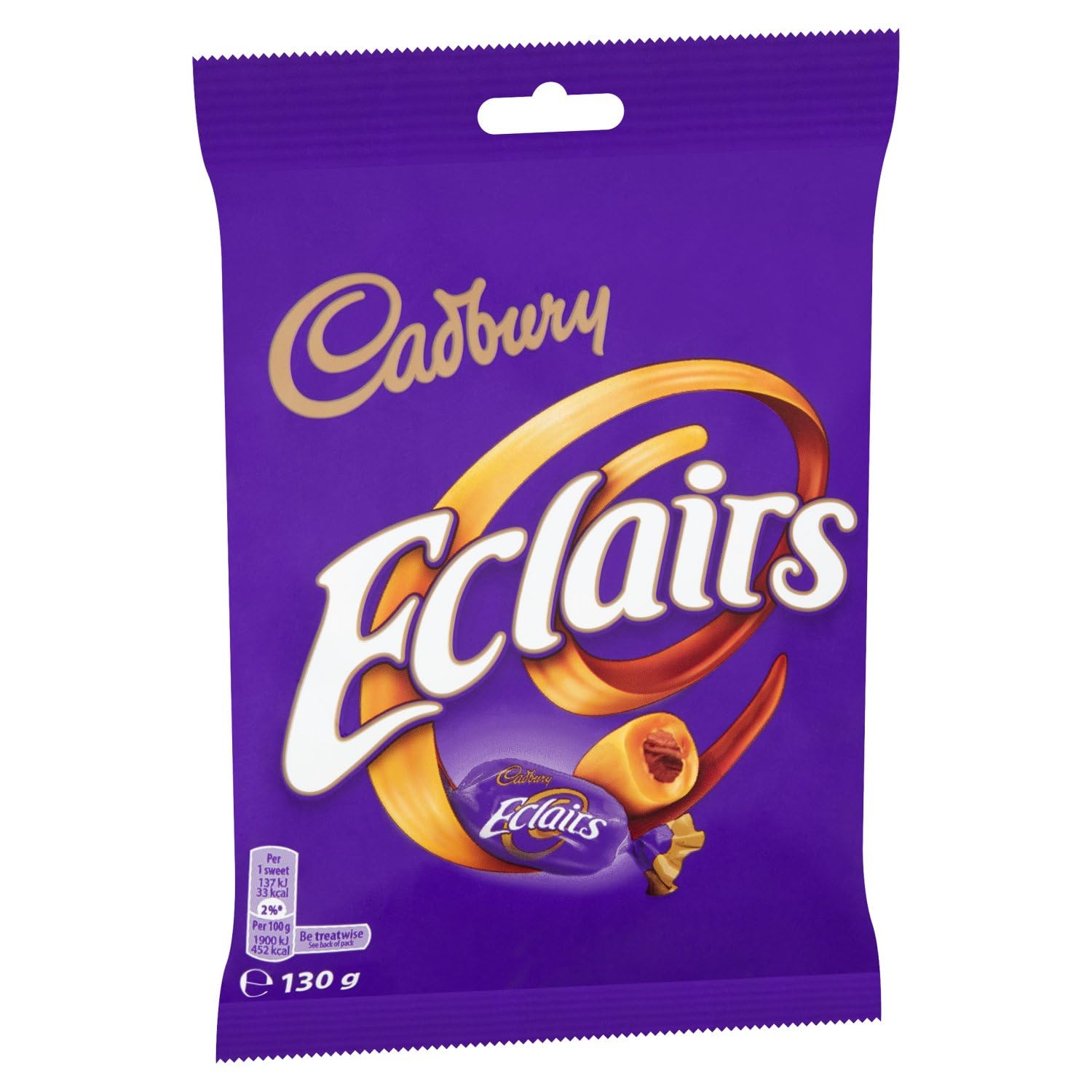 Cadbury Chocolate Eclairs 130g eclairs closeup, rich chocolate coating over soft toffee