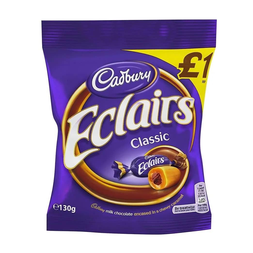 Cadbury Chocolate Eclairs packaging-display showing two packs on shelf.