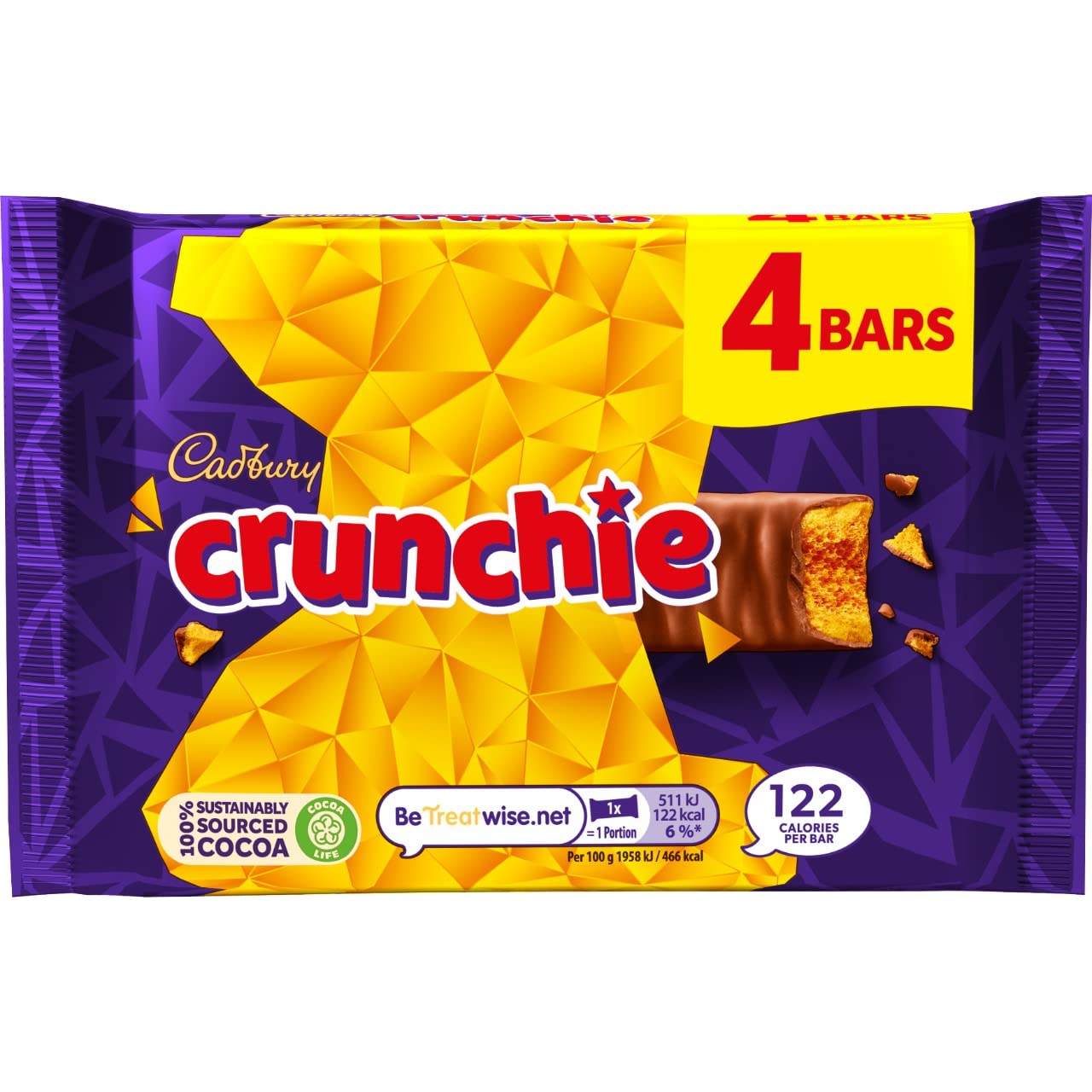 Cadbury Crunchie bars pack front view, shareable snack with honeycomb crunch and creamy milk chocolate.