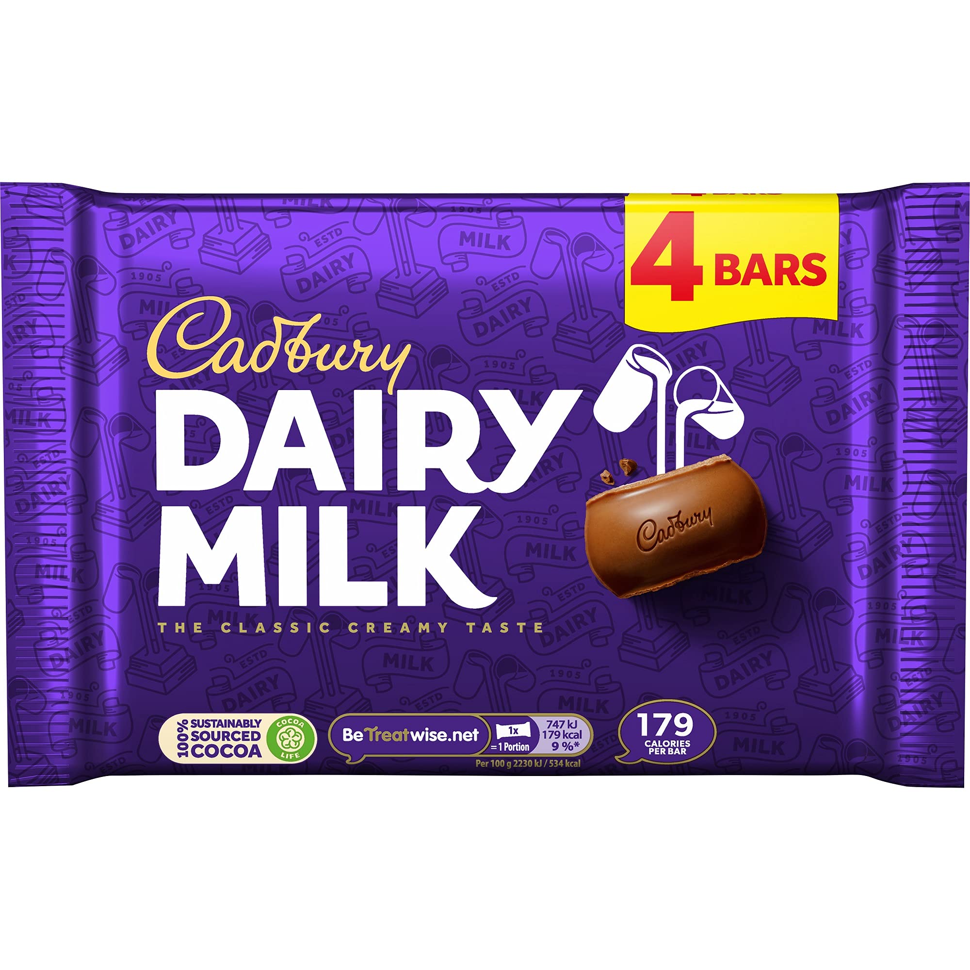 Cadbury Dairy Milk 4pk bars ready for sharing, a creamy chocolate treat for tea time.
