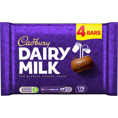 Cadbury Dairy Milk 4pk bars ready for sharing, a creamy chocolate treat for tea time.