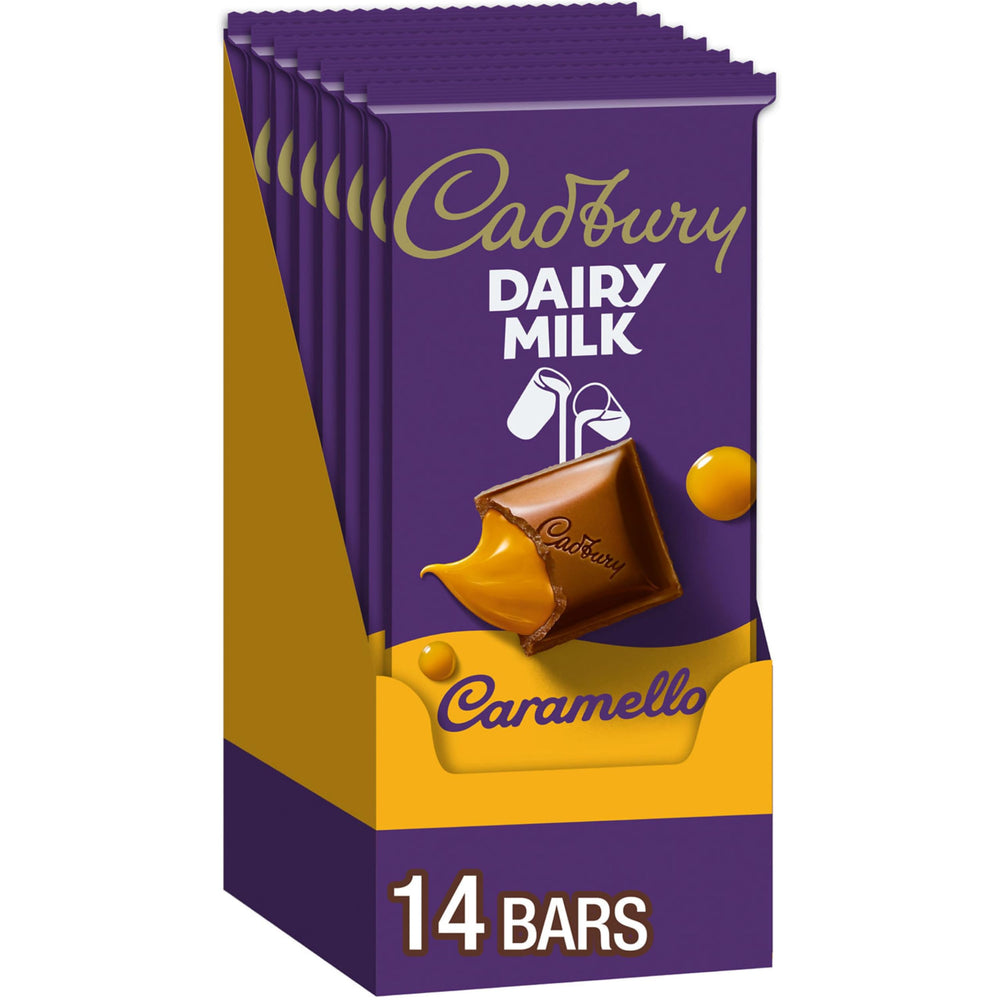 Cadbury Dairy Milk Caramello bar close-up, creamy caramel center, ideal office snack.