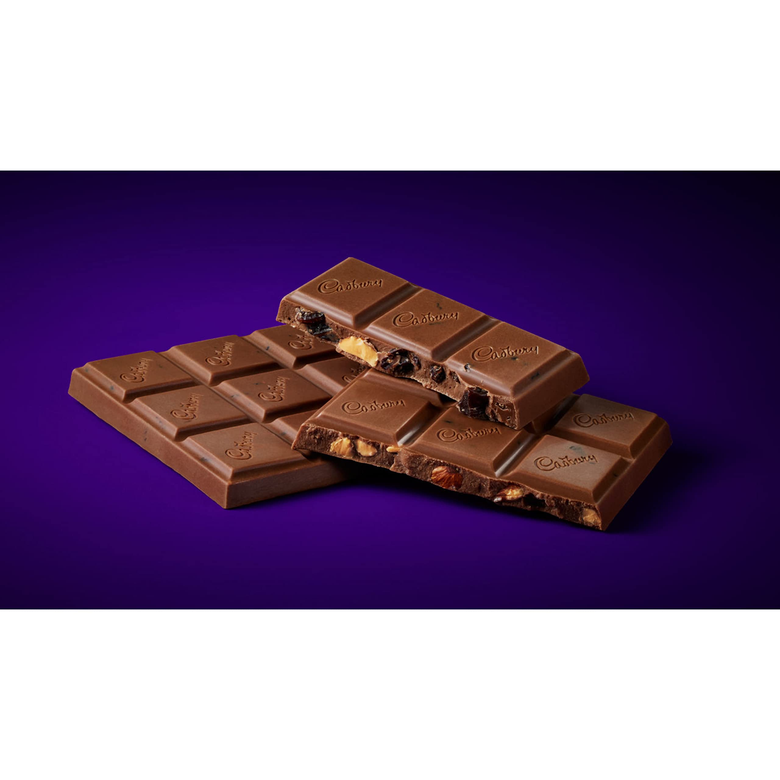 Creamy Cadbury chocolate with fruit and nuts enhancing snacks