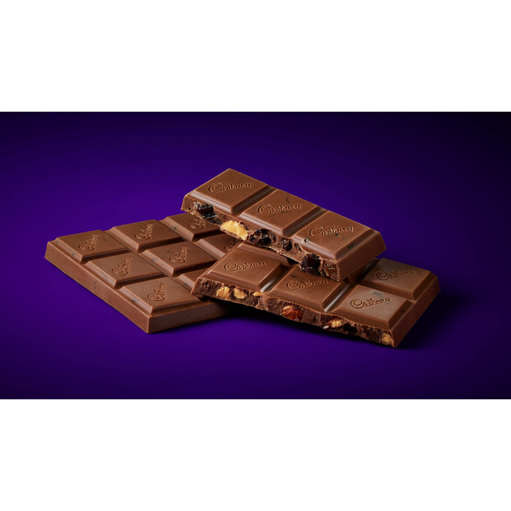Creamy Cadbury chocolate with fruit and nuts enhancing snacks