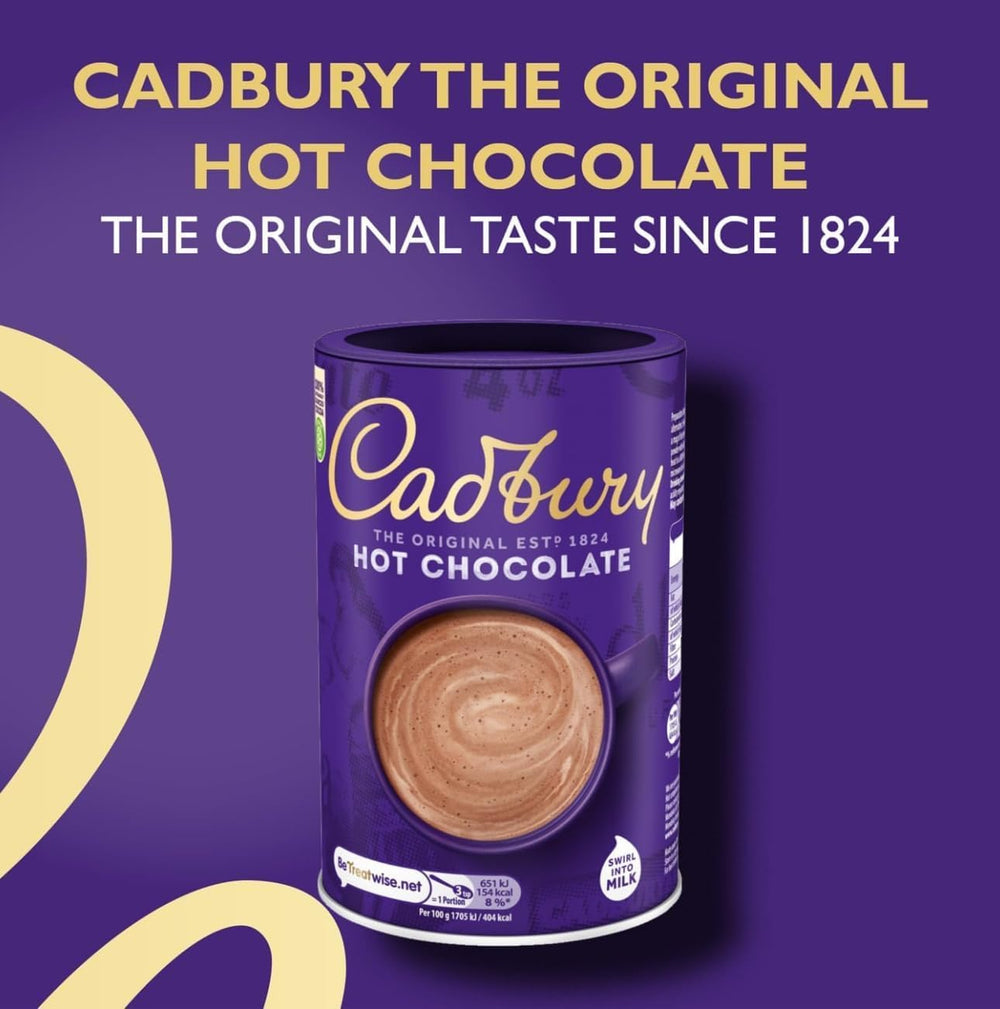 Cadbury Drinking Chocolate 250g shareable pack on a cozy table.